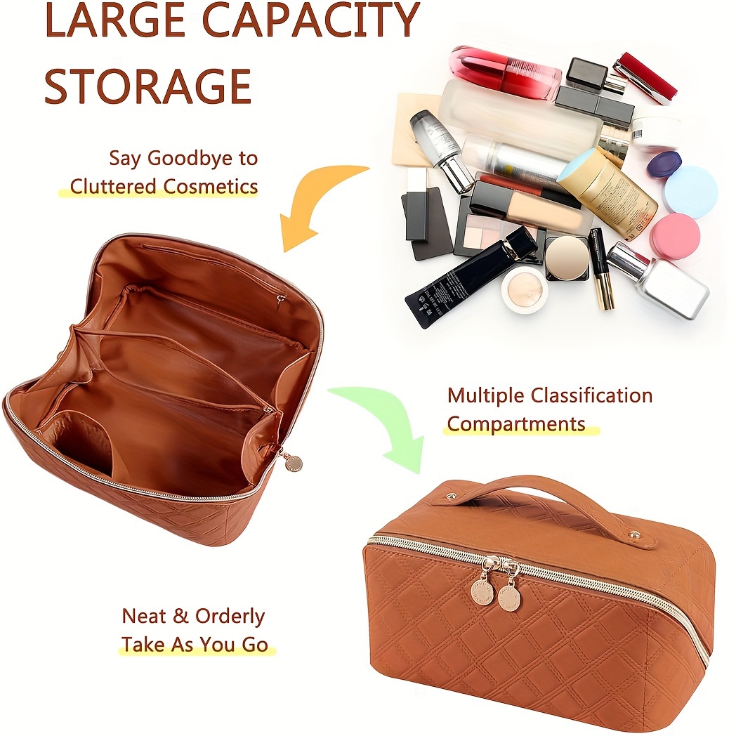 Travel Makeup Bag Large Opening Makeup Bag Portable Water Resistant Make Up Bags PU Leather Cosmetic Bag with Compartment