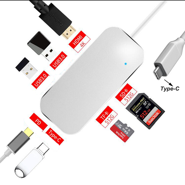 USB-C Hub for MacBook/Samsung Galaxy - HDMI 4K, RJ45, Thunderbolt 3, USB 3.0, Card Reader, PD: USB C 6IN1 Silver 03