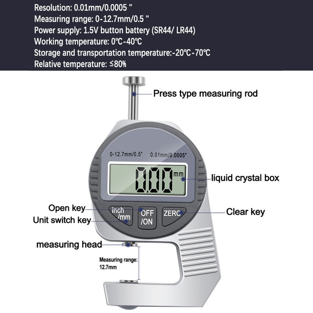 Digitale Diktemeter Inch/Metrische Dikte Meetinstrumenten 0-0.5 Inch/ 0-12.7Mm Mini Digitale micrometer Dikte Meter