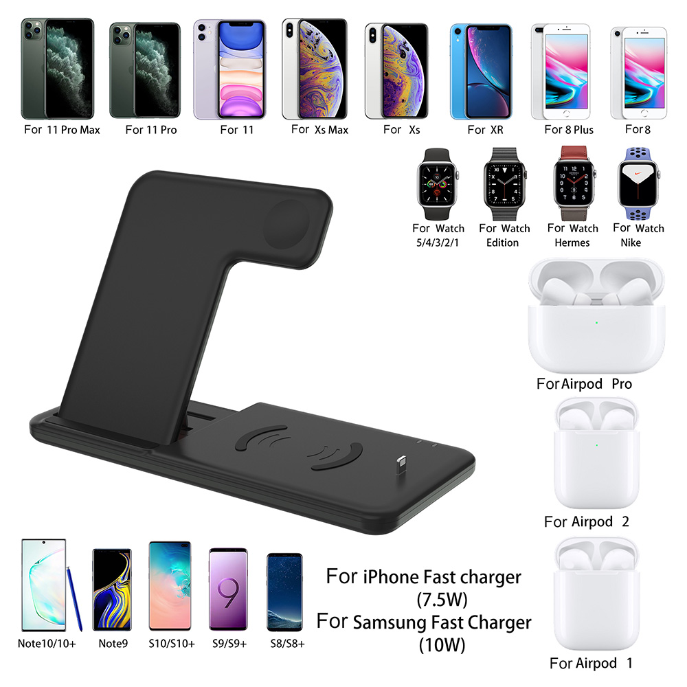 4 in 1 15w langaton laturi jalusta iphone x xs  xr 8 11 apple watch 5 4 3 2 airpods pro samsung qi pikalatausasemat telakka-asema