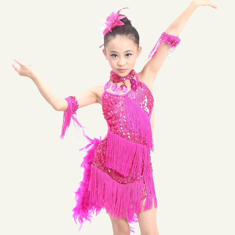 Sequin frange bleu rose rouge Salsa robe enfant filles enfants gland Latin robes filles Latin danse Costumes: Rouge / XXXL