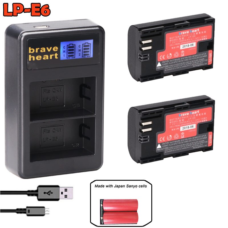 Bateria lp -e6 lp e6 lpe 6n kamera batteri japan sanyo cell + led usb dubbel laddare för canon eos 5ds r 5d mark  ii 5d 6d 7d 80d: Laddare och 2 batterier