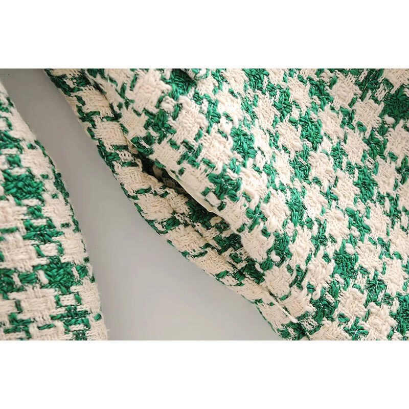 Vintage smarte grønne plaidlommer tweed jakker kvinder side åben turn-down krave frakker kvindeligt overtøj