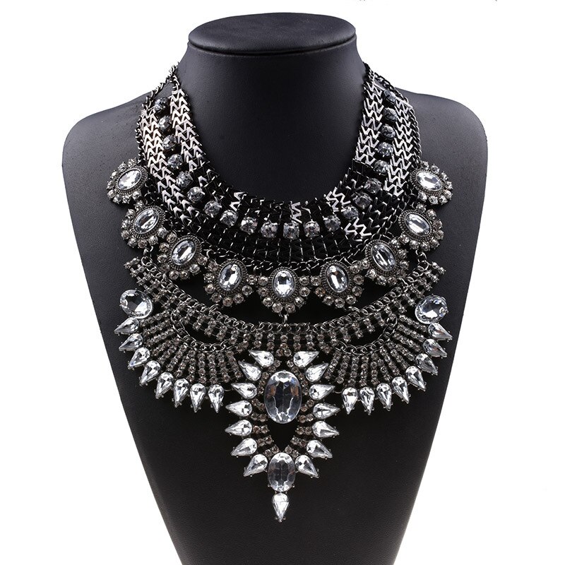 Indian Statement Big Chokers Necklace Women Crystal Large Collar Necklaces Female Big bib Necklace Boho Ethnic Costume Jewelry: Gun Black Clear