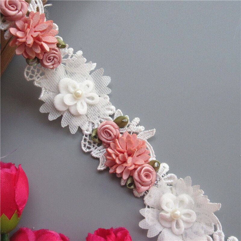 Oplosbare Wit en Roze Parel Rose Bloem Geborduurde Kant Trim Lint Stof Naaien Ambacht Voor Kostuum Hoed Schoenen Decoratie
