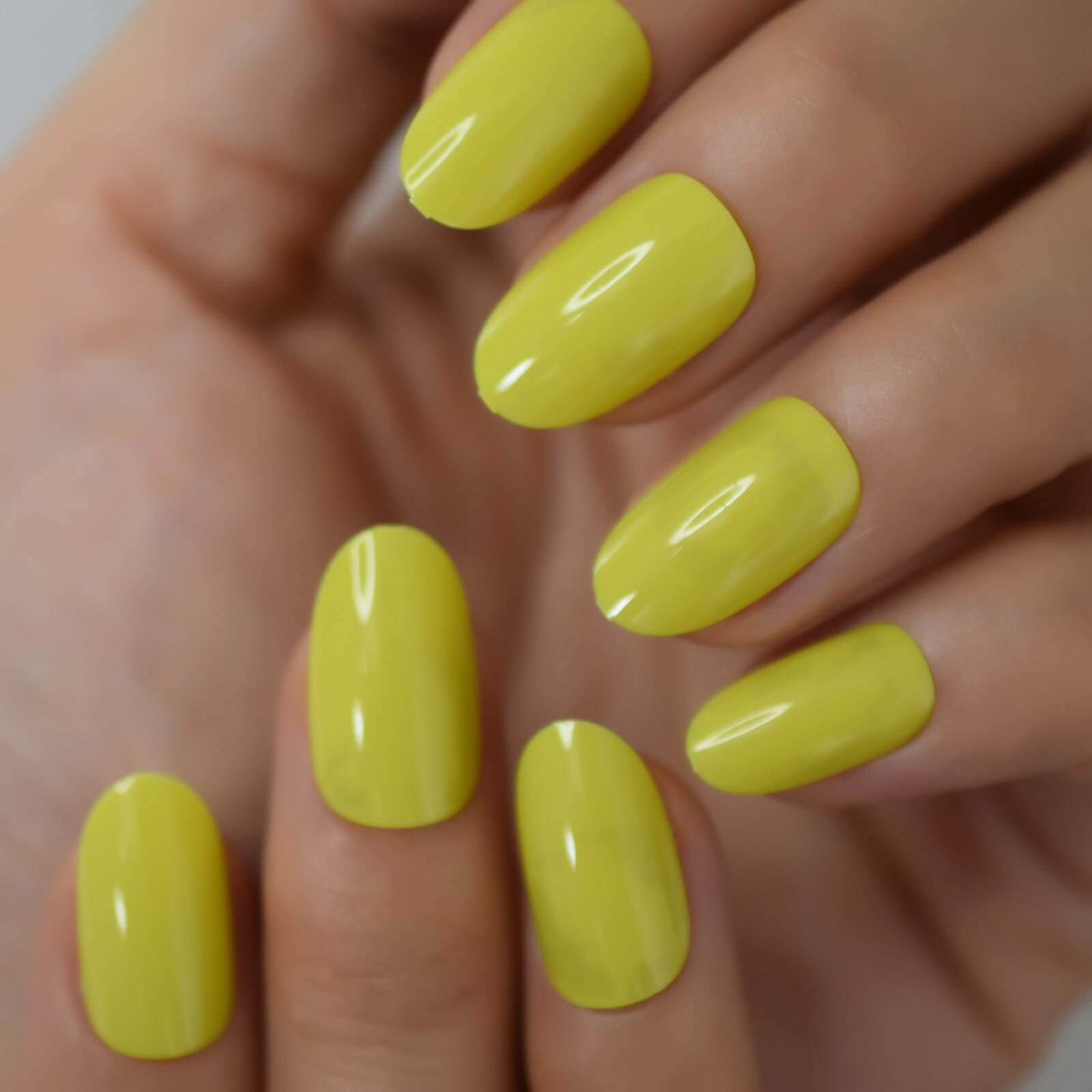 Faux Ongles à pression, brillant, haute luminosité, couverture complète, gris clair, couleur unie, manucure, avec onglets de colle: L5935