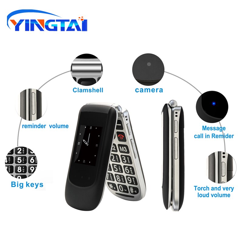 Free Desktop Charger Flip Feature Mobile Phone YINGTAI T09 GSM Big Push-button Dual Screen Clamshell Elder Telephone CellPhone