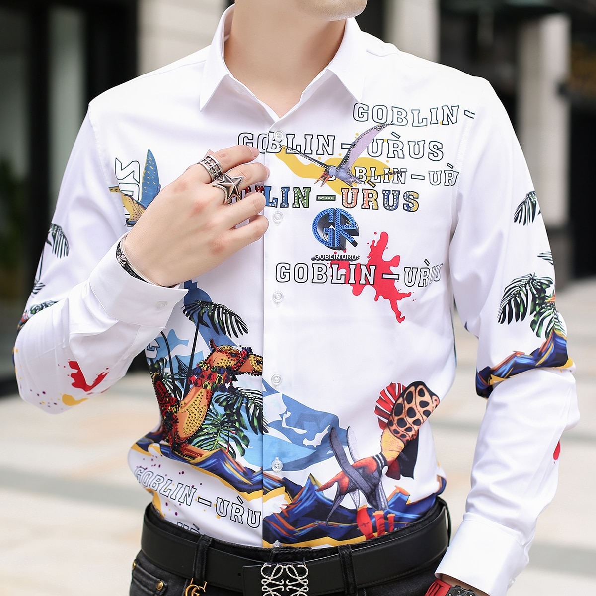 Camisetas con estampado Digital de diamantes de imitación para hombre, camisa de manga larga ajustada informal, ropa de calle para hombre, Tops sociales