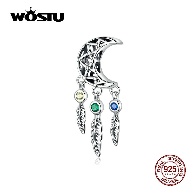 Wostu 925 prata esterlina lua &amp; estrelas balançar charme zircônia contas fazendo diy pulseira original para mulher jóias de prata