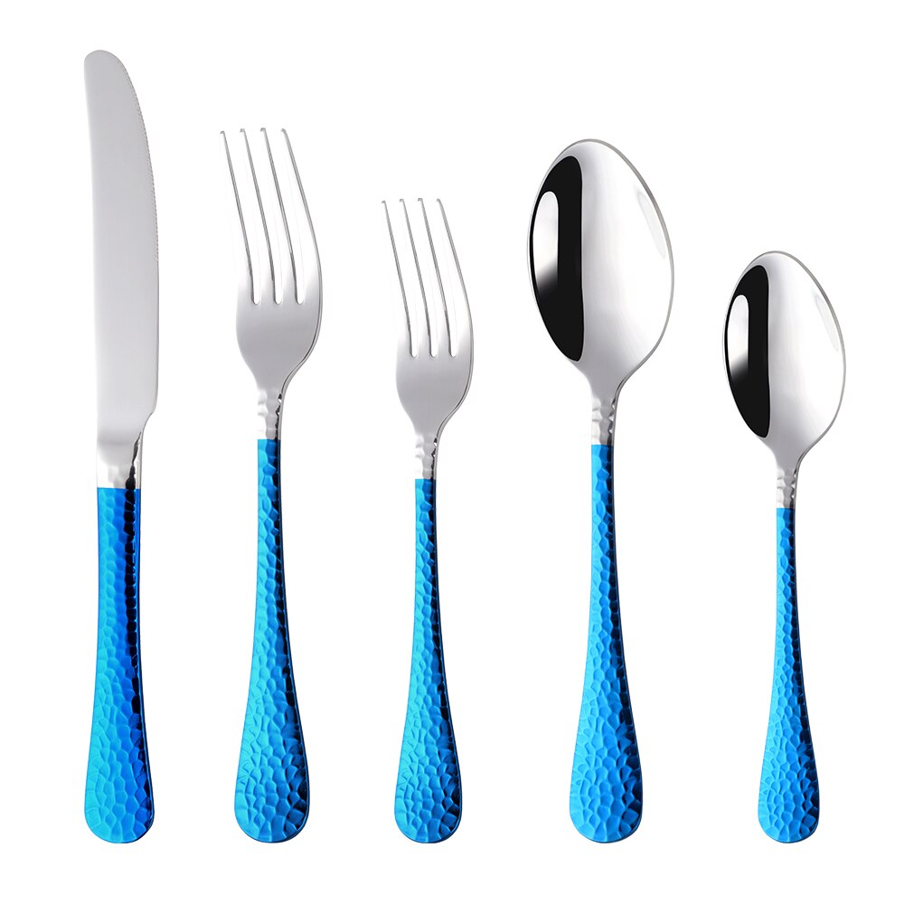 5/20PCS Flatware Silverware Set Rainbow Stainless Steel Colorful Dinner Knife Fork Scoop Dinnerware Set Hotel Tableware Utensil: 1set(5pcs) / Blue handle