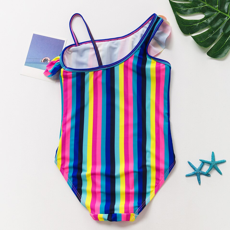 Girls Swimsuit One Piece 5-14 Years Girls Swimsuit Swimwear Ruffle Style Striped Children's Swimwear Kids Beach Wear