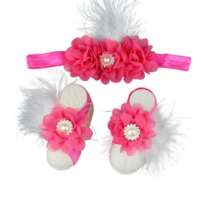 Baby Meisjes Bloem Sandaal Hoofdband Elastische Haarband & Peuter Barefoot Sandalen 1 Paar Baby Photo Prop Set: 4