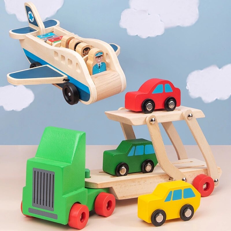 Wooden double-decker transporter car model truck cognitive loading and unloading toys