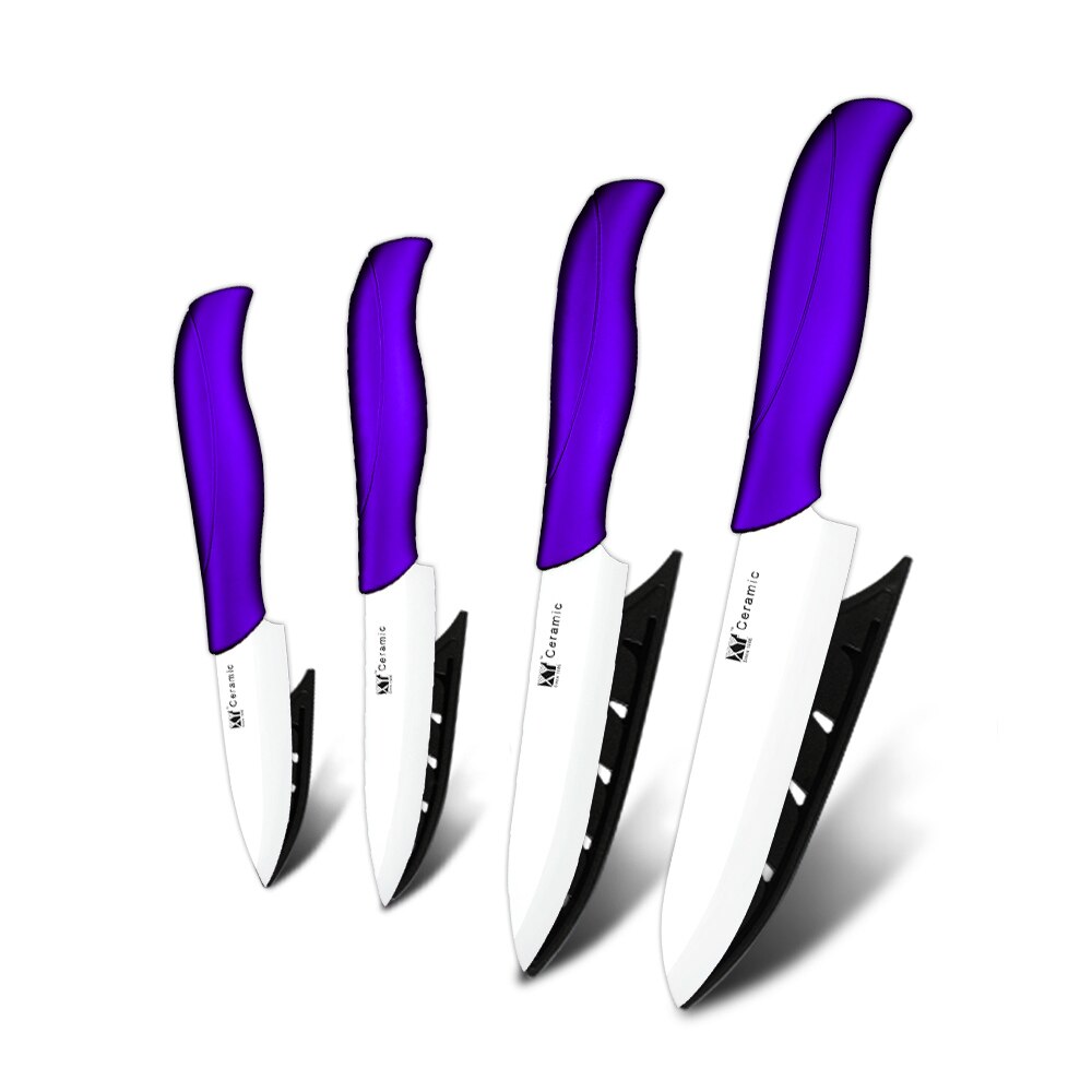 cuchillo de cerámica de 3 4 5 6 pulgadas Juego de cuchillos de cocina + pelador Zirconia negra blanco hoja de cuchillo de Chef vegetariana herramienta de cocina: Purple H White Blade