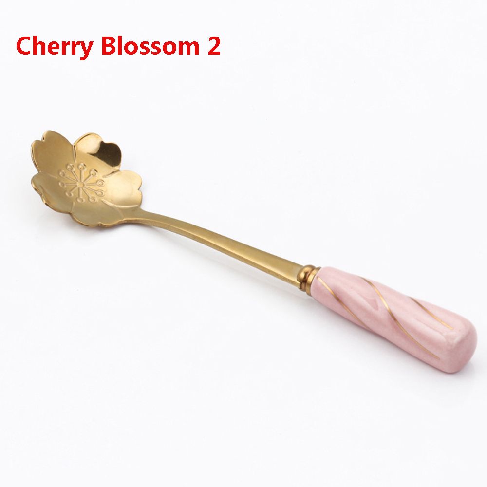 Cherry Blossom Rose Flower Spoon Gold Silk Ceramic Handle Sweet Spoons Gold-plated Coffee Stirring Spoon Tableware: Cherry Blossom 2