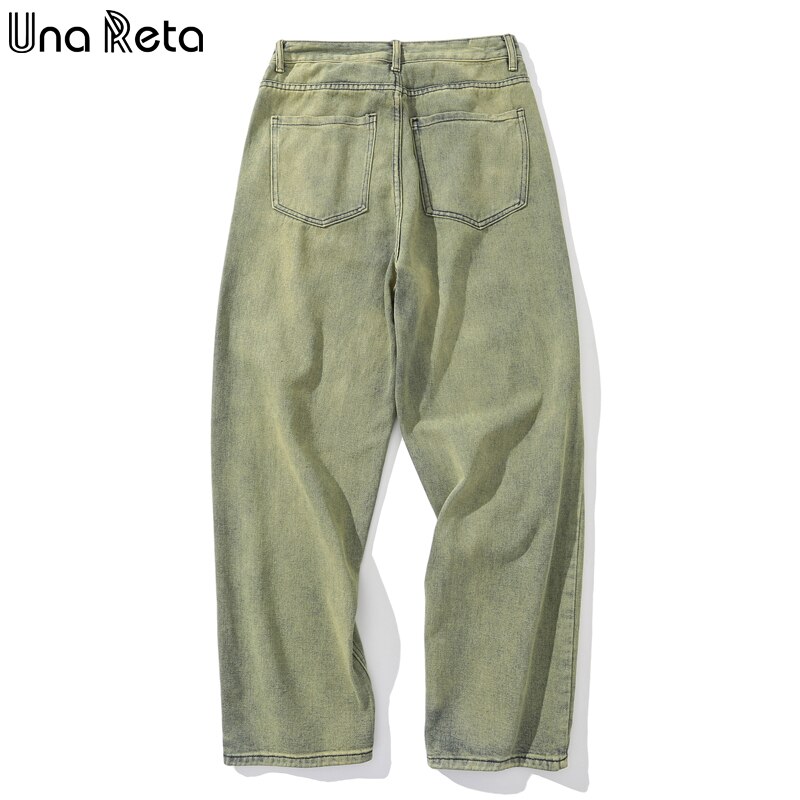 Una Reta Groen Heren Broek Hip Hop Straight Gewassen Denim Broek Losse Streetwear Solid Jeans Voor Mannen