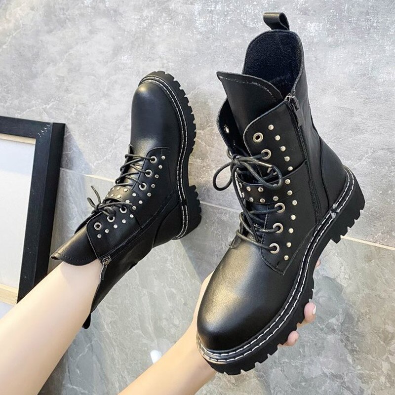Mcckle kvinner nagle kule ankelstøvletter snøringe dame spenne stropp kort støvel plattform kvinnelig fottøy sy glidelås sko