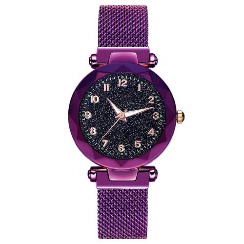 Women watch wild Starry Round Dial sky numeral Milan Magnetic Clasp Ladies Geometric Roman Numeral Quartz Analog Watch: Purple