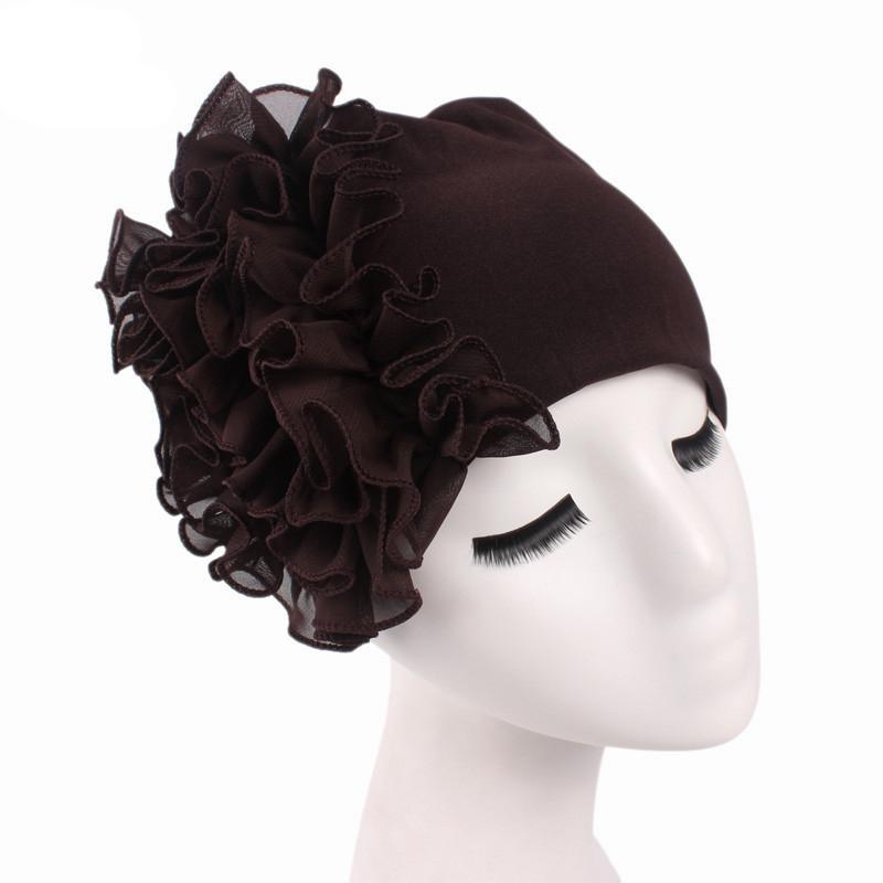 Frauen Muslimischen Rüschen Blume Turban Motorhaube Hütte Bandana Chemo Kappen wickeln Kopftuch: Kaffee