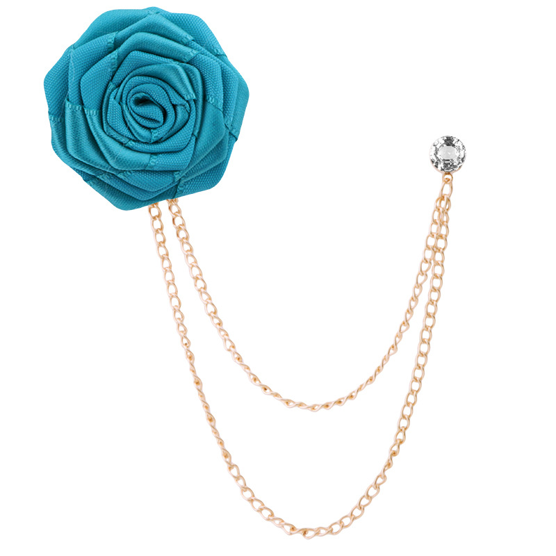 Korean Bridegroom Wedding Brooches Cloth Art Hand-made Rose Flower Brooch Lapel Pin Badge Tassel Chain Men's Suit Accessories: Light Yellow Gold Color