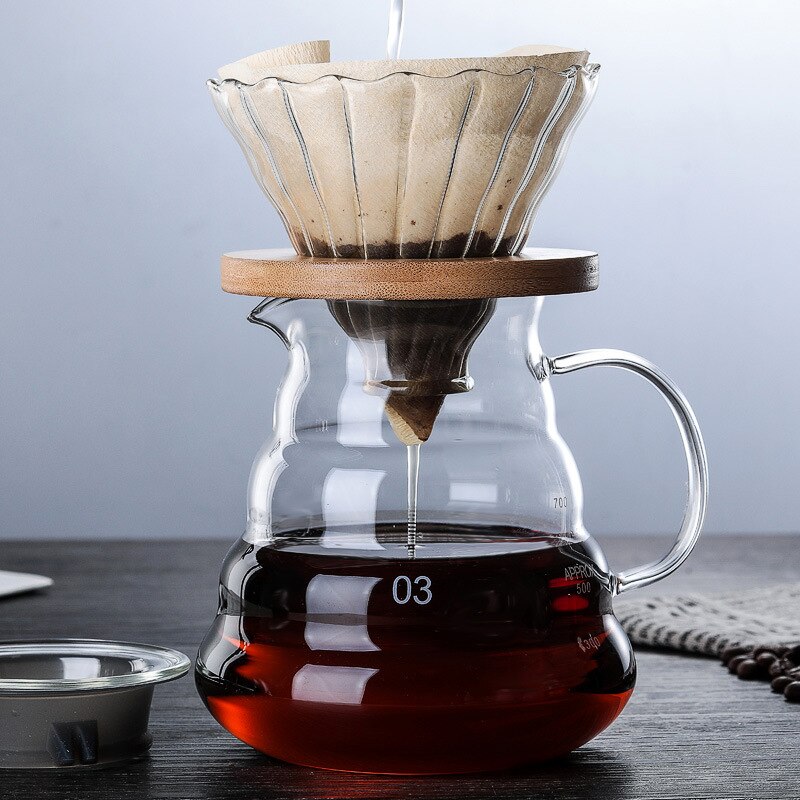 300ML/500ML/700ML supports en bois goutteur de café en verre et Pot ensemble style japonais V60 filtre à café en verre filtres à café réutilisables: 700ML