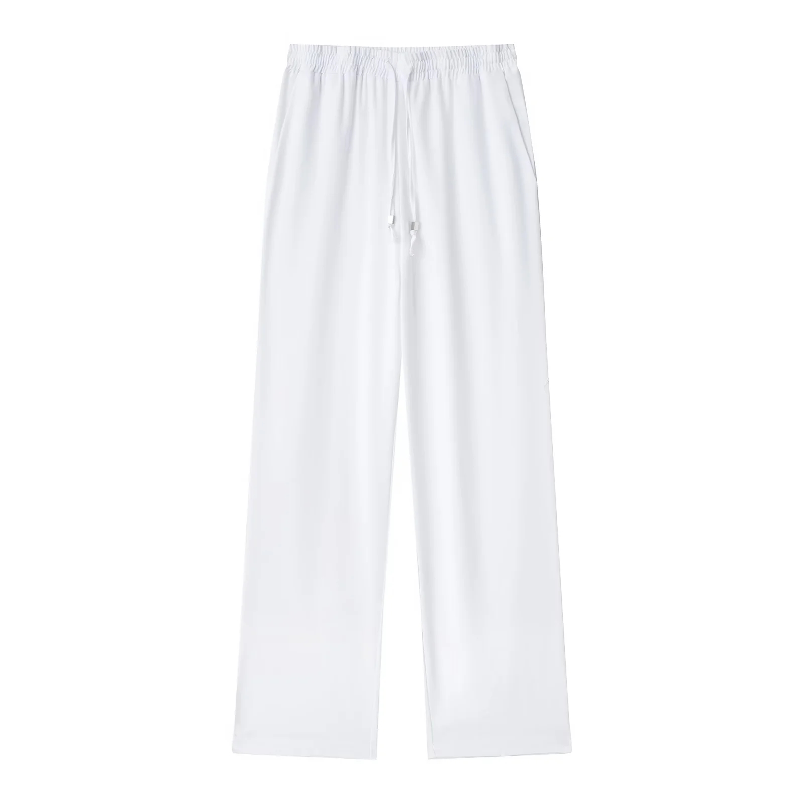 Summer Thin Linen Women Pants Drawstring High Waisted Side Pockets Full Length Straight Pant Female Trousers: XS / Ivory