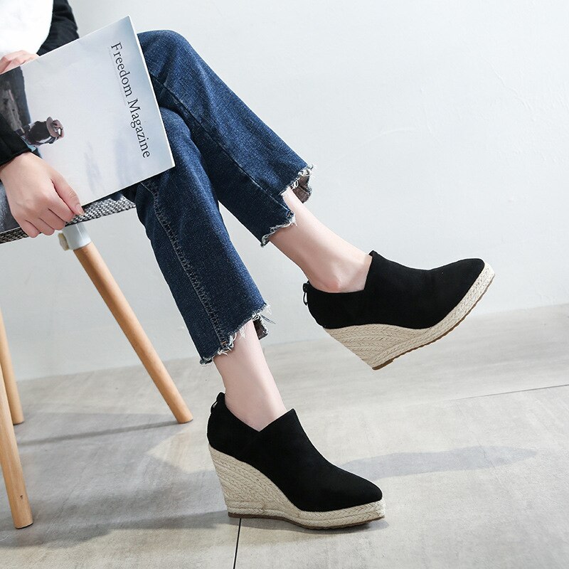Women High Heel Wedges Paltform Style Shoes Espadriles Pointed Toe Thick Bottom High Heels Straw Sandals
