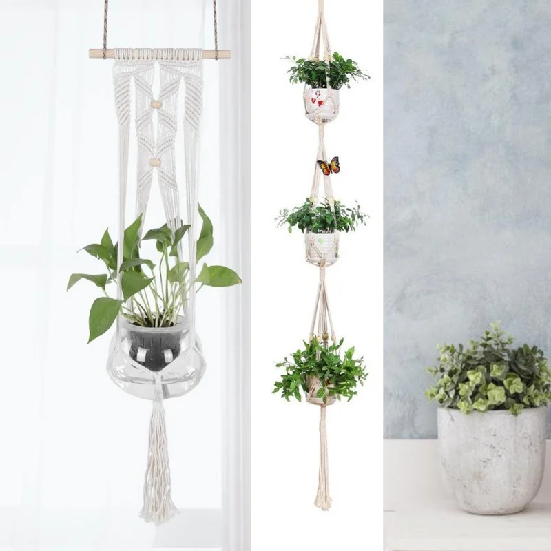 Macrame vægophæng planteophæng planteophæng håndstrikning naturlig snor planteophæng kurv planteholder