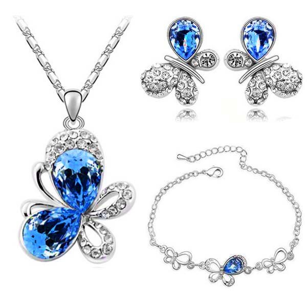 Østrigsk krystal sommerfugl vedhæng smykkesæt halskæde øreringe armbånd tilbehør sød romantisk: Mørkeblå