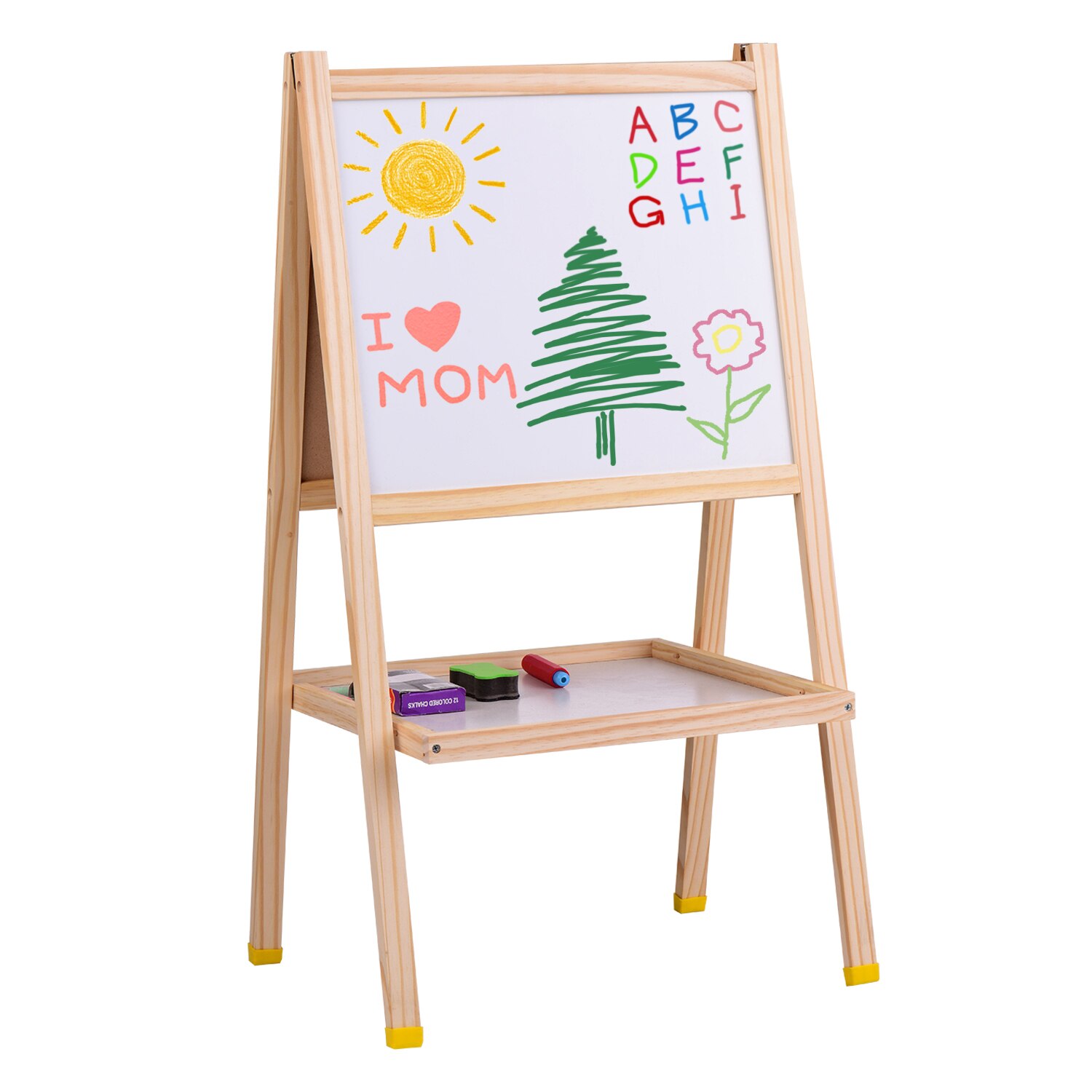 Wooden Art Easel Magnetic Double-Sided Chalkboard & Dry Erase Board Standing Easel Easy to Assemble with Storage Shelf