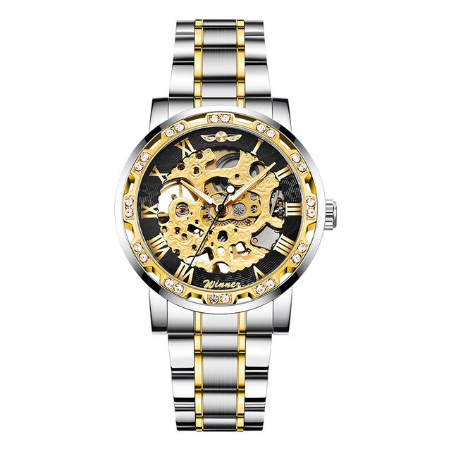 Winnaar Transparant Mode Diamant Display Lichtgevende Handen Versnelling Beweging Retro Mannen Mechanisch Skeleton Horloges: gold black