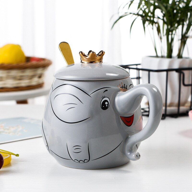 Cartoon Stereo Relief Elephant Ceramic Coffee Mug With Lid Spoon Home Office School Milk Tea Water Mugs Drinkware Cup: 3