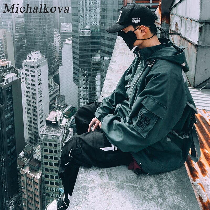 michalkova Air Force flying Functional streamer hip hop loose dark coat men's Japanese original night wind streamer: Army Green / XL