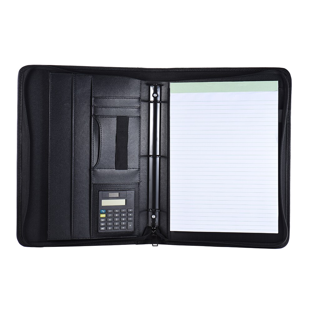 A4 PU Leather Multifunctional Document Folder Case Office Business Portfolio Padfolio Organizer Zippered Closure Loose-leaf