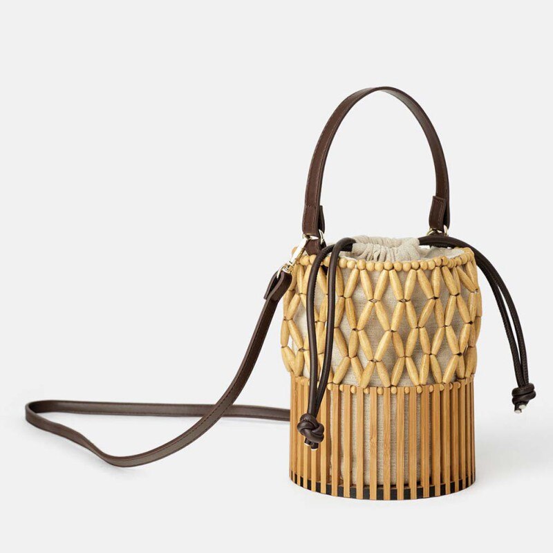 Bamboe damestas geweven canvas tas schoudertas dames emmer crossbody boodschappentas (met sjaal)