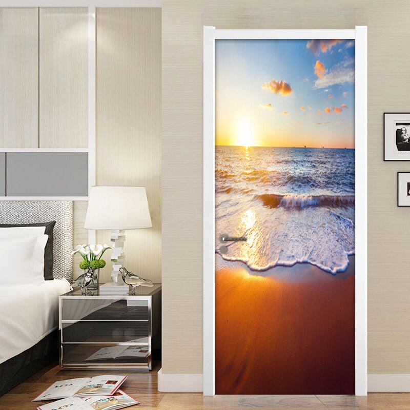 Beach Sunset Seascape Door Sticker Wall Mural Home Decor 3D PVC Waterproof Bathroom Bedroom DIY Self-adhesive Door Sticker