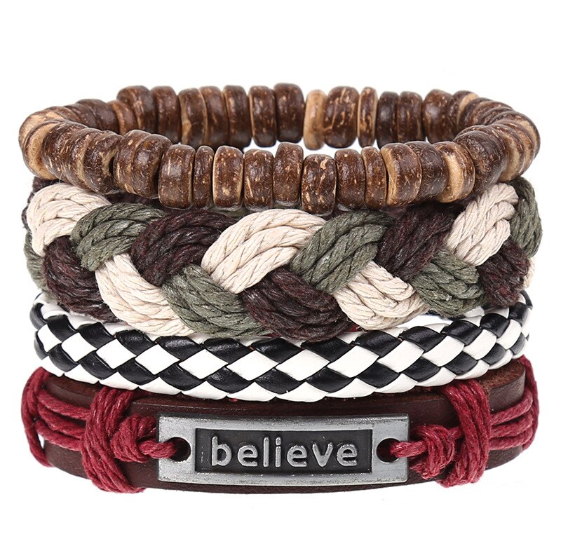 Pulseira de couro trançado 4 pçs/set, pulseiras para homens e mulheres, vintage, contas de madeira, cruz, étnica, esperança: A-1