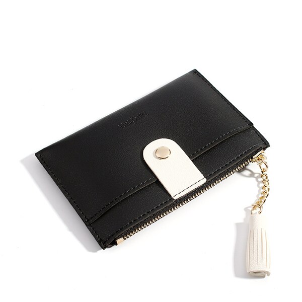 PURDORED 1 Pc Women Tassel Card Holder Wallet Small Credit Card Case PU Female Minimalist Zipper Mini Coin Purse Wallet: black