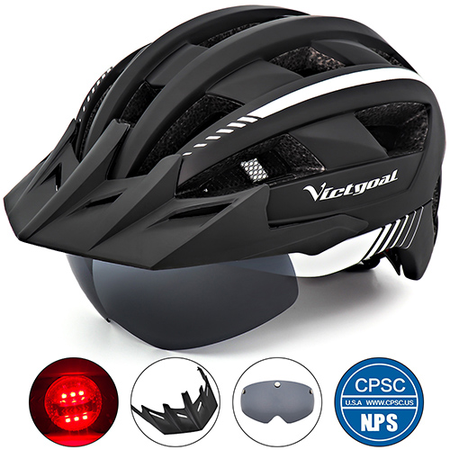 VICTGOAL LED Fietshelm met Zonneklep Goggle voor Mannen Vrouwen Scooter MTB Road Fietshelmen Verstelbare Fiets Veiligheidskappen: M / Black
