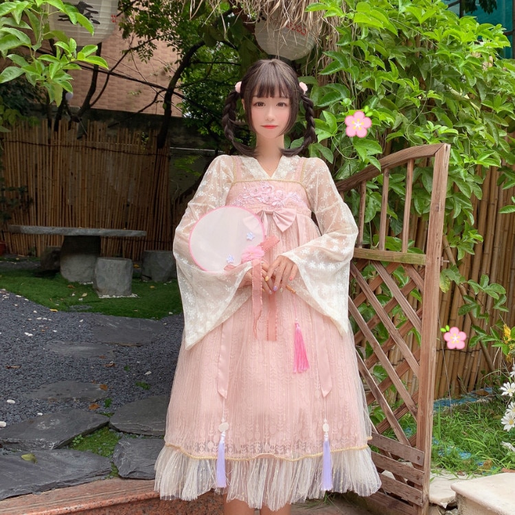 Vintage Renaissance Chinese Style Girls Sweet Princess Lolita Dress Women Hanfu Style Lace Mesh Blouse 2 Piece Set Fairy Dresses