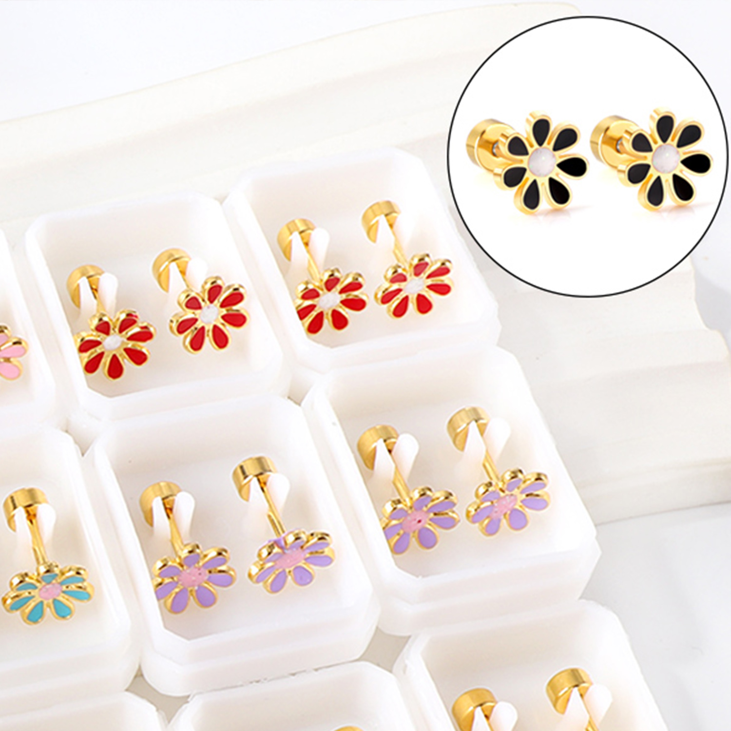 12 Paare/schachtel Blume Gänseblümchen Edelstahl Ohrstecker mit Glitzer trendige süße hypoallergene lässige Ohrringe Schmuck 2024