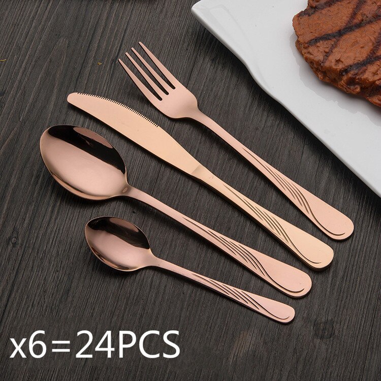24/30 PCS Western Food Stainless Steel Cutlery Set Gold-plated Magic Cutlery Spoon/Fork/Knife Kit Dinnerware Sets: Rosegold 24 PCS