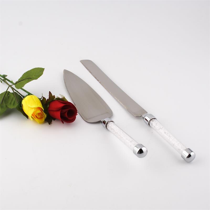 2 stuks Zilveren Cake Knife Server Set Acryl Handvat Glazen Kristallijn Cake Spatel Wedding Party Rvs