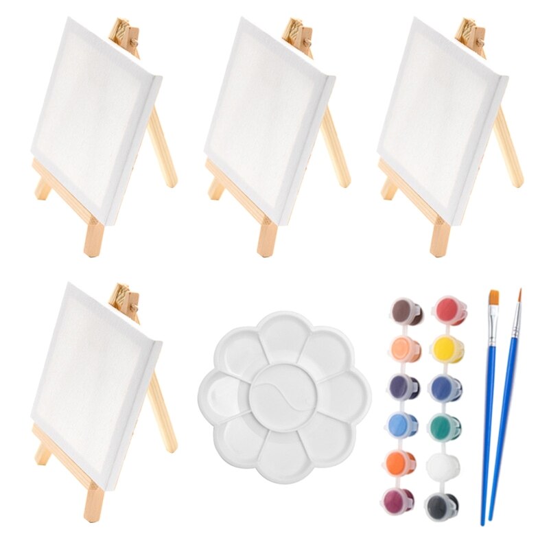Juego de Mini lienzos de pintura acrílica, Kit de lienzo de pintura con paleta de pinceles para dibujo de niños, caballete pequeño