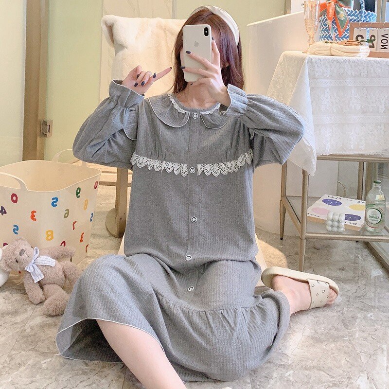 2022 Lente Lange Mouwen Katoenen Losse Lange Jurk Nightgowns Voor Vrouwen Koreaanse Nachtkleding Homewear Nachtjapon Nachthemd Thuis Nachtjapon: GRAY / M