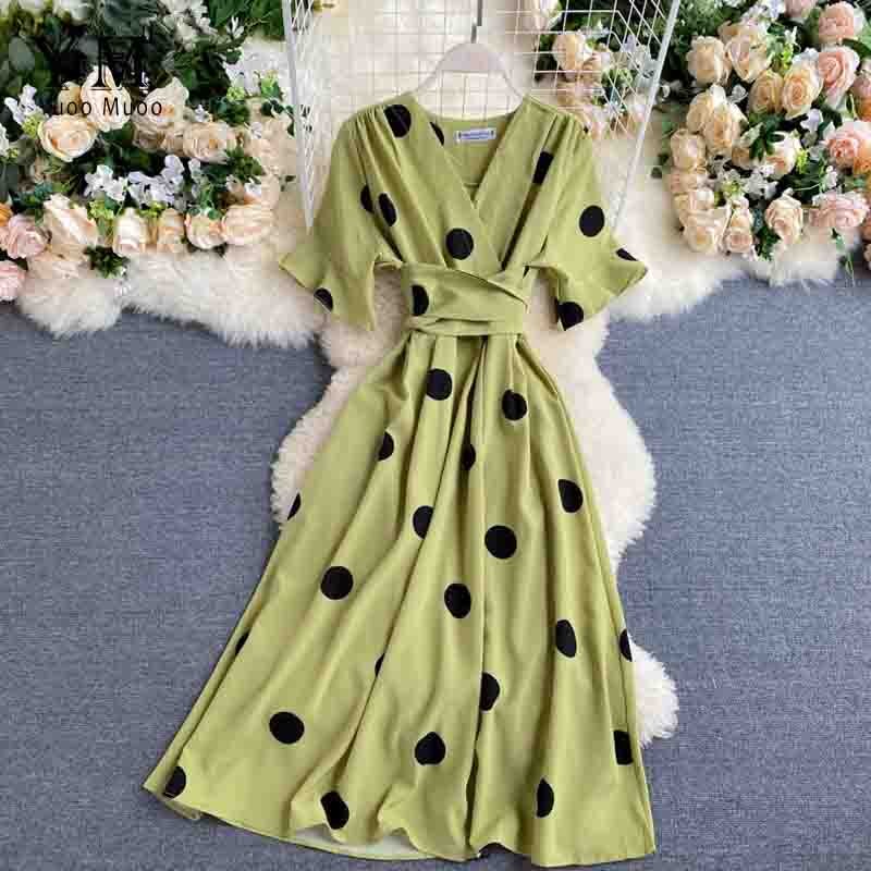 YuooMuoo-robe à bandes, tenue Vintage, à pois, col en V, tenue de soirée, tenue élégante, rouge, été: green