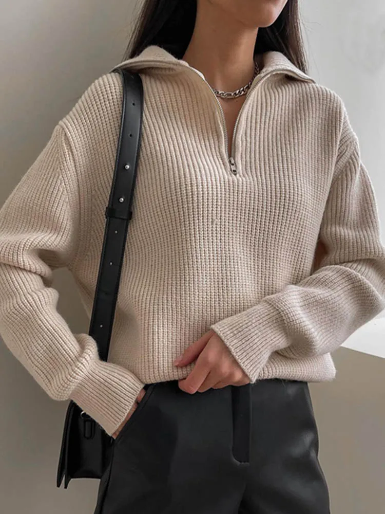 Frauen Rollkragen Reißverschlüsse Frauen zur Seite fahren Solide verlieren zur Seite fahren Langarm Beiläufige Gestrickte zur Seite fahren Frau Winter 2025: M / Beige