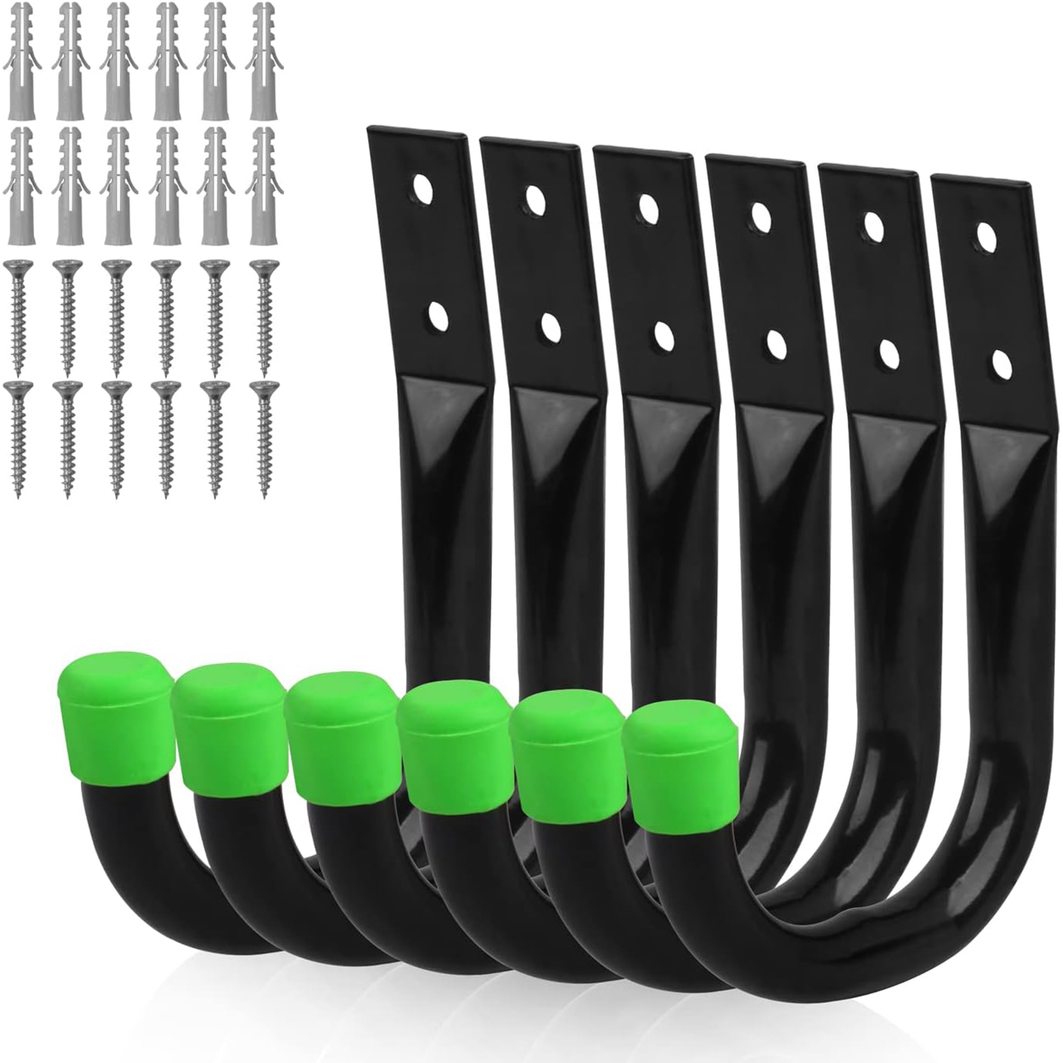 Pack of 6 Heavy-Duty Garage Hooks for Hanging, Large Garage Storage Hooks for Extension Cord Tool Cable, Black Wall-Mounted J Practical Hooks with Wall Anchors and Screws: green