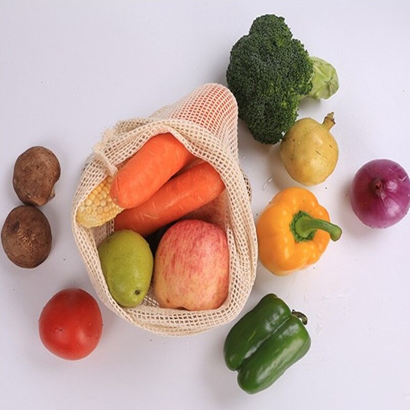 Populaire katoenen fruit- en groente-opbergzak met trekkoord, herbruikbare keukennetzak, wasbaar