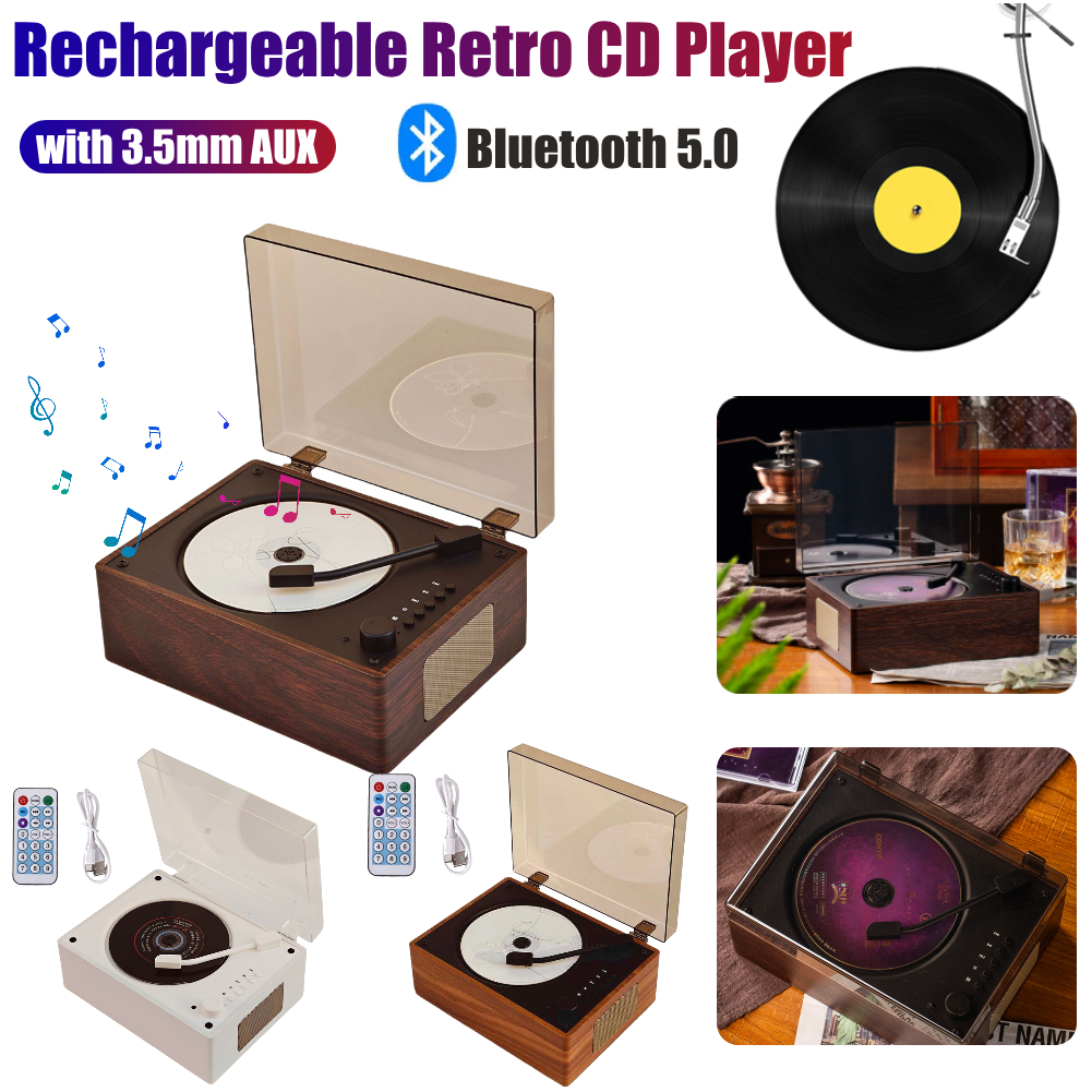 Retro-CD-Player, wiederaufladbar, kabellos, Bluetooth 5.0-Lautsprecher, tragbarer Heimmusik-Player, USB 3,5 mm AUX, Desktop-CD-Player für Telefon